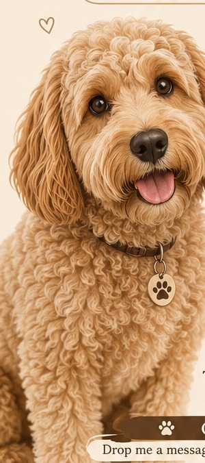 A curly golden cockapoo, the face of Pawlicious Treats